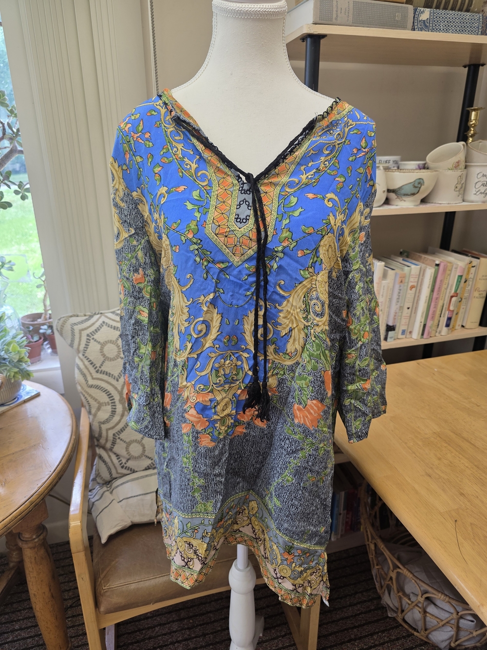 Blue Silk Ornate Floral Dress Relaxed with Black Tassel Tie